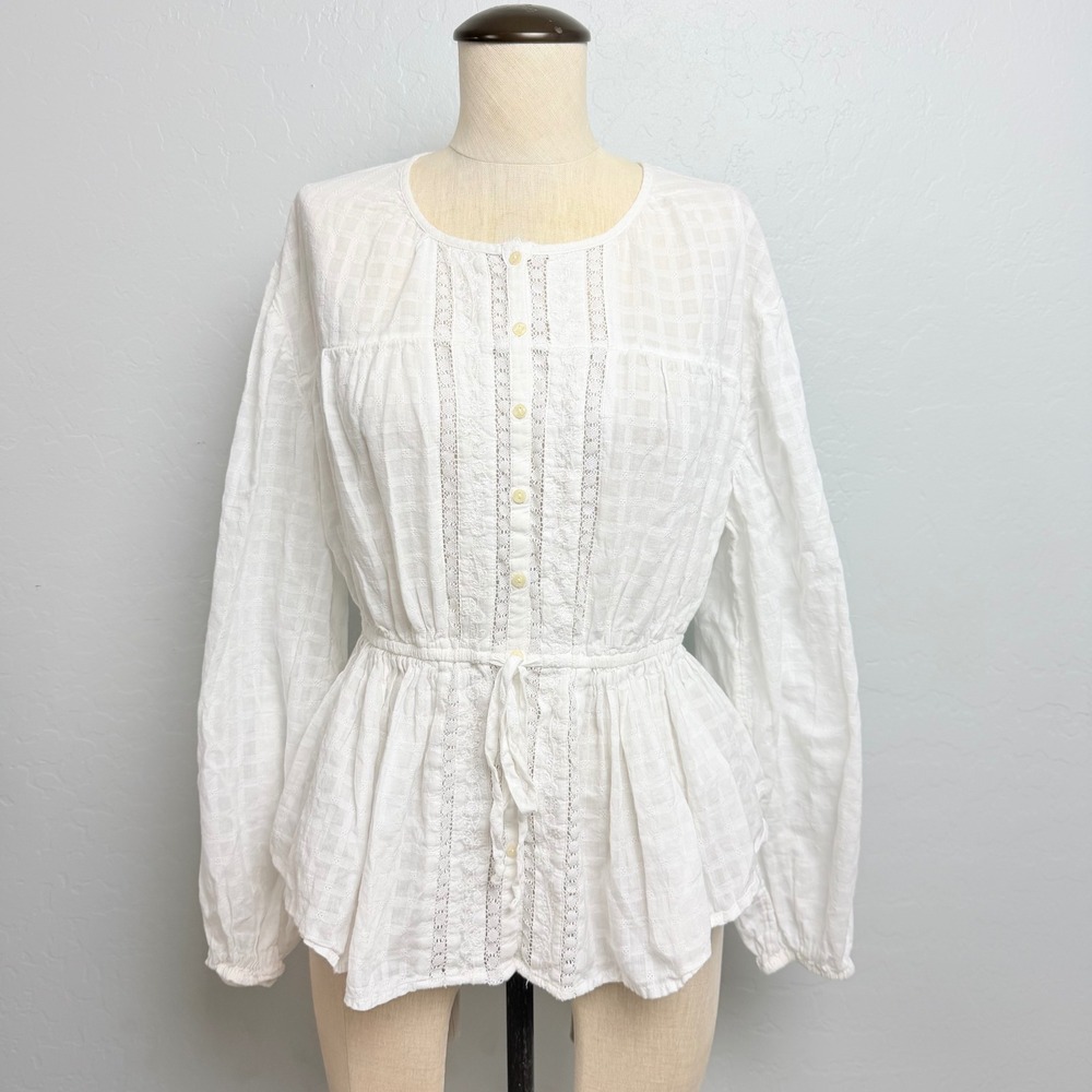 American Eagle White Lace Peplum Blouse Long Sleeve Cotton Boho Top Small